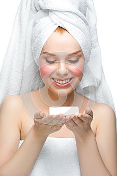 Woman with soap on her palm