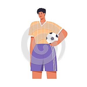 Woman soccer player holding ball in hand. Football athlete in uniform, sports outfit. Female footballer in sportswear
