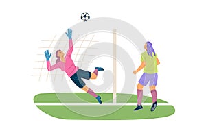 Woman soccer player kick the ball to score a goal, goalkeeper jump trying to save the ball. Flat vector illustration.