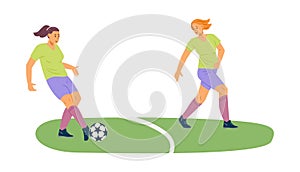 Woman soccer player pass the ball to team mate. Female football training scene. Girl play soccer, vector illustration.