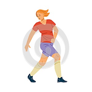 Woman soccer sport training. Female run in soccer uniform and look back, isolated. Flat vector illustration.