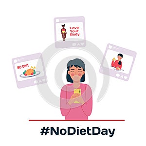 A woman and social media messages. Body acceptance, rejection of diets. No Diet Day