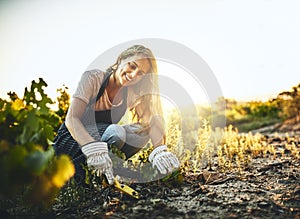 Woman, soil and plants with smile at farm for crops, agriculture and nature for job, food or vegetables. Girl, shovel