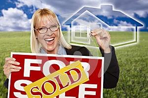 Woman with Sold For Sale Sign, Keys and Ghosted House