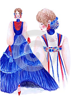 A woman in a solemn dress stylization of Russian folk. Fashion illustration. Children`s drawing