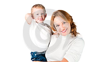 Woman and son sticking Tongues Out