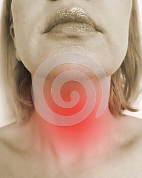 Woman sore throat respiratory, choke, suffocation, shock, adenoids symptom photo