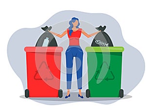 Woman sort waste for recycling Put plastic bottle and throwing them into special trash bin Ecology concept. recycling concept.Flat