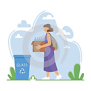 Woman sorting the garbage. Happy young woman care about environment and putting glass rubbish in trash bin dumpster or container.