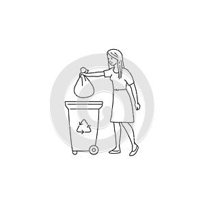 woman sorting waste in bags. Vector black white doodle line illustration of solving environmental problems.