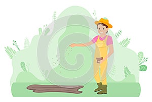 A woman sows seeds into the ground. Harvest, gardening or farming. Flat vector illustration