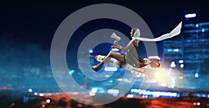 Woman on space rocket . Mixed media