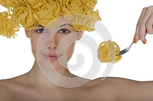 Woman with spaghetti on the head and plug photo