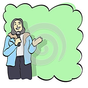 woman speaking through microphone presenting green blank space illustration vector hand drawn isolated on white background line