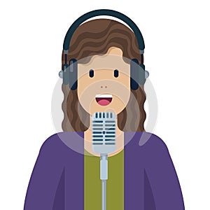 Woman speaking into microphone and wearing headphones