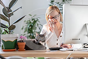 Woman speaking on phone, using calculator to calculate the invoice, working on desktop from home, cat sitting on the table