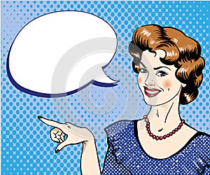 Woman with speech bubble pointing finger vector illustration in retro comic pop art style