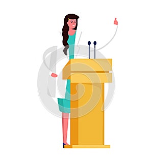 Woman speech research fellow, female doctor stand behind podium with scientific report cartoon vector illustration