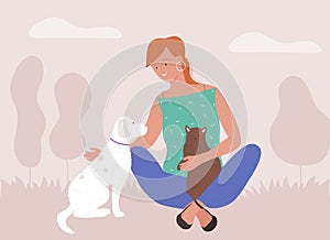 Woman spend time with pets, playing with own dog and cat outside