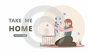Woman spend time with pets vector illustration. Cartoon young happy pet owner love and paly with own dog and cat, loving