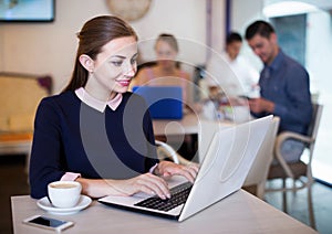Woman spending time in coffeehouse with laptop