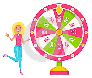 Woman Spinning Colorful Wheel of Fortune Vector