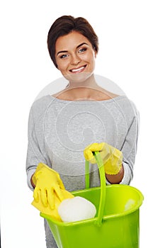 Woman with sponge and bucket