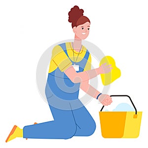 Woman with sponge and bucket foam. Professional cleaner