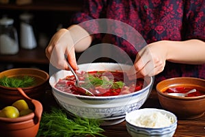 woman spooning borscht into white bowl