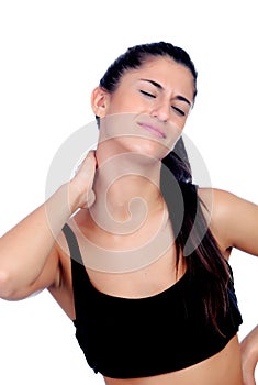 Woman in sport clothes with neck pain