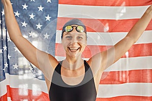 Woman, sport and flag for USA in portrait for winning, goals and pride for swimming games. Girl, swimmer or athlete with