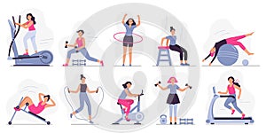 Woman at sport gym. Vector illustration set