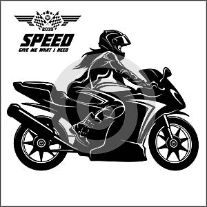 Woman and sport motorbike - monochrome illustration.