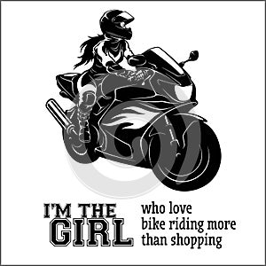 Woman and sport motorbike - monochrome illustration.