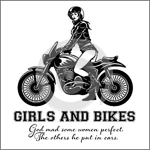 Woman and sport motorbike - monochrome illustration.