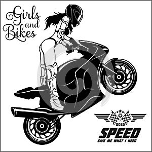 Woman and sport motorbike - monochrome illustration.