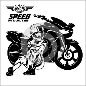 Woman and sport motorbike - monochrome vector illustration.