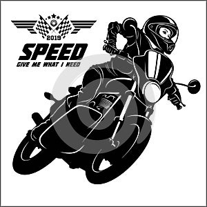 Woman and sport motorbike - monochrome vector illustration.