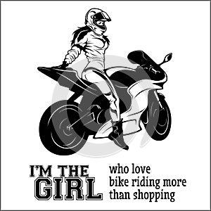 Woman and sport motorbike - monochrome vector illustration.