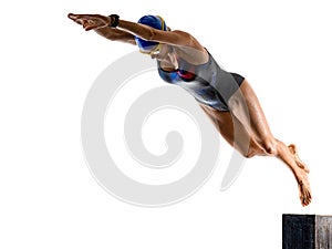 Woman sport swimmer swimming isolated white background