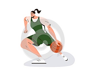 Woman sports player playing basketball. Female athlete pivoting with ball. Girl at athletic game, training. Sportswoman