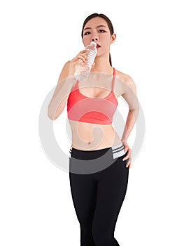 woman in sportswear drinking water,isolated on white background, sport girl holding water