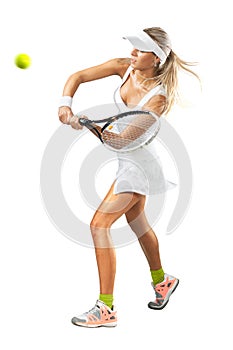 Woman in sportswear plays tennis at training