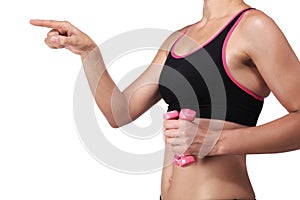 Woman in sportswear pointing something