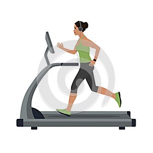 Woman in sportswear running on treadmill in headphones