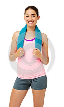 Woman In Sportswear With Towel Around Neck