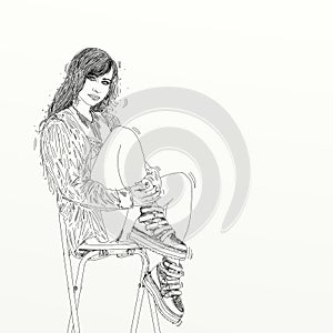 Woman, sporty girl on a stool