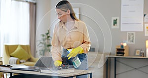 Woman, spray bottle and cleaning table in house, disinfection and maintenance service or fluid. Female person, gloves