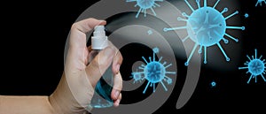 Woman spraying alcohol cleaning to protect coronavirus or virus covid 19,bacteria and dirty,with virus icon 3D render illustration