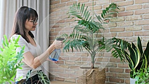 Woman spraying indoor plants at home using spray bottle with fertilized water